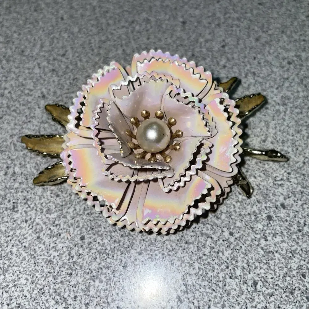 Vintage Gold Tone Metal Flowers Faux Pearl Large 3D Brooch Estate Statement